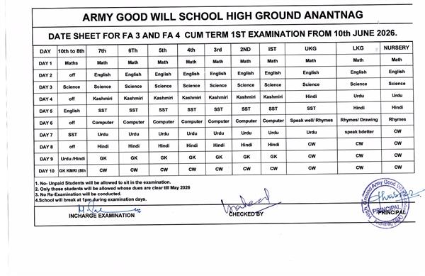 TERM 1ST DATE SHEET  10TH JUNE 2026